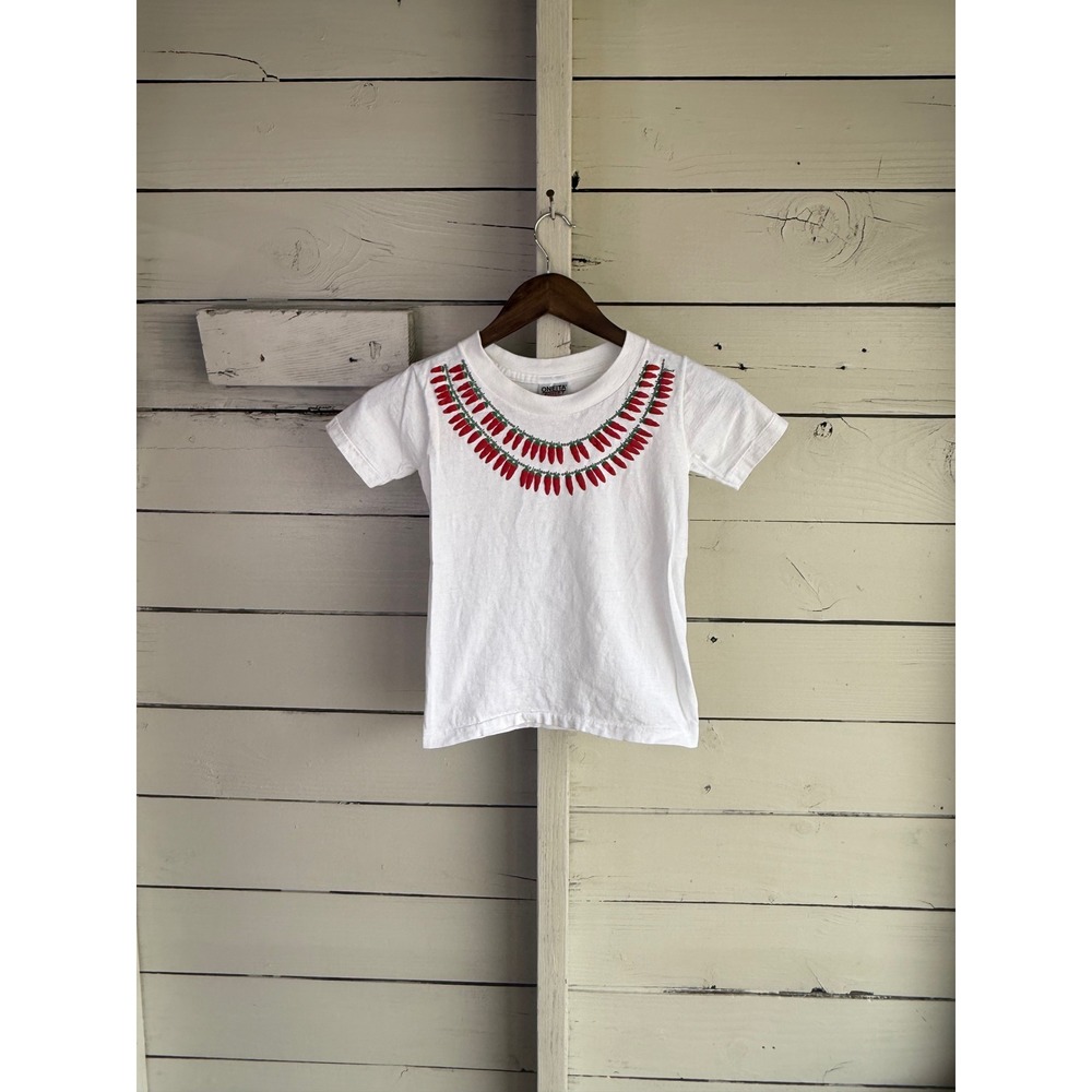 Vintage Oneita Power-T Kids White Chili Pepper Graphic T-Shirt Made in USA S 6-8